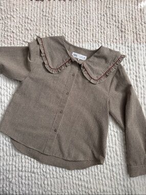 Zara Brown Gingham Blouse with Ruffled Peter Pan Collar